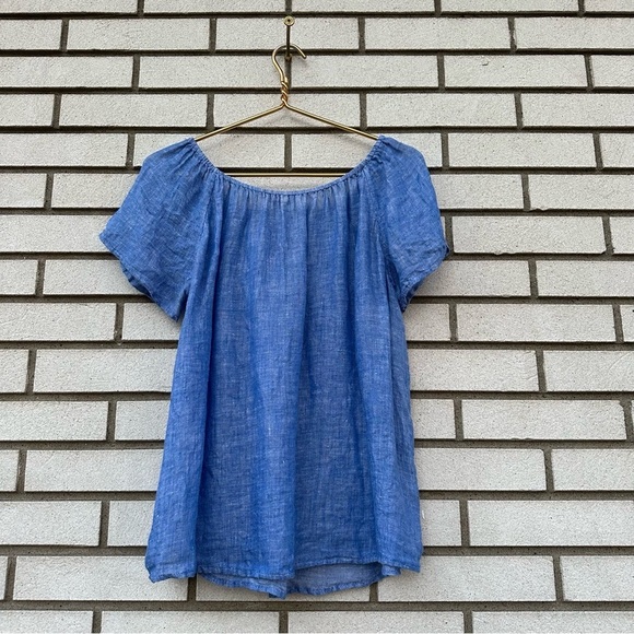 Joie Blue Linen Chambray Off The Shoulder Babydoll Flutter Top - Picture 9 of 9